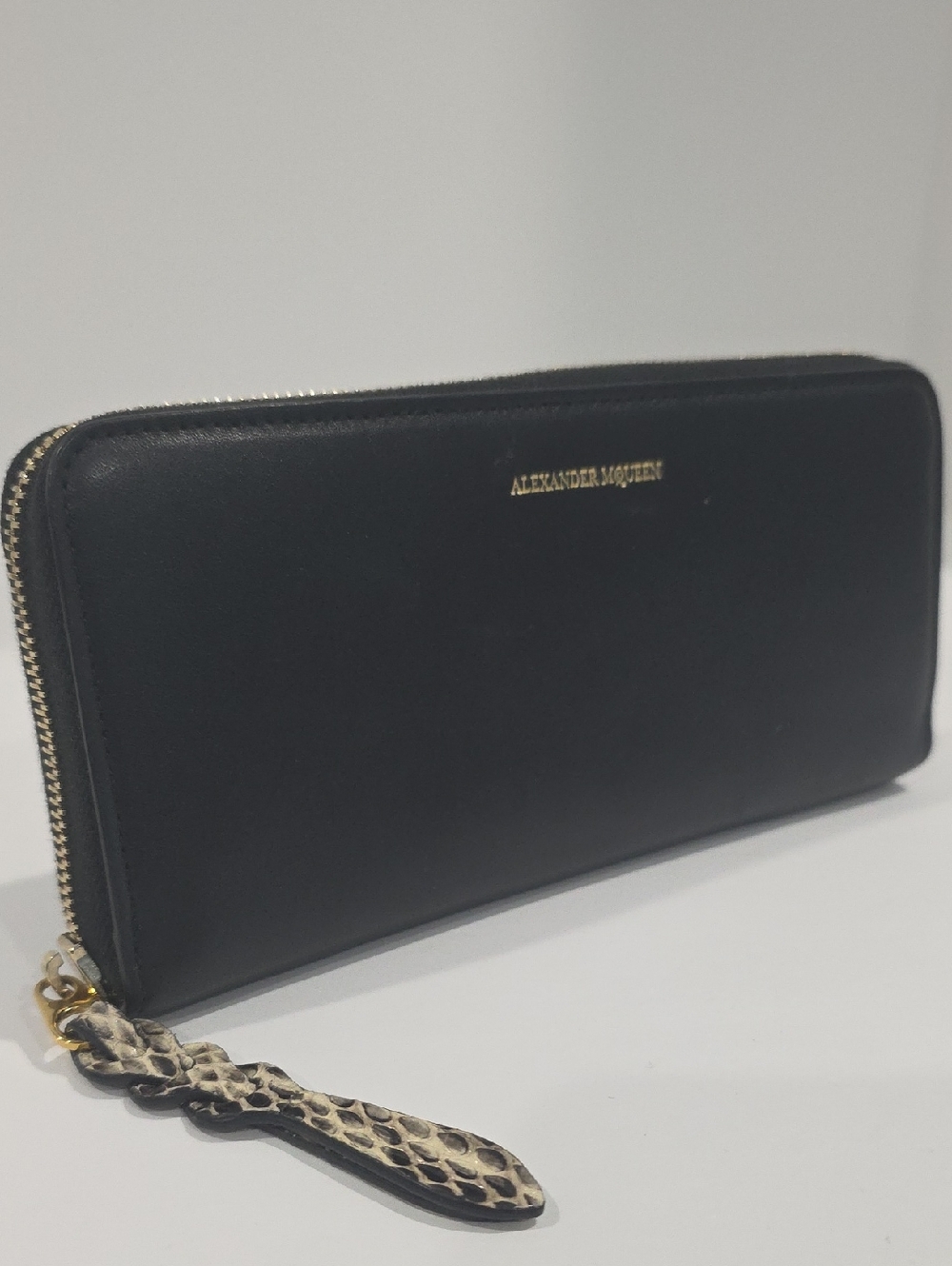 ✅ Alexander McQueen Black + Rock Continental Wallet with Snake-textured Pull
